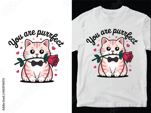 Charming  Quote  For T shirt - You Are Purrfect. Cat with Rose Valentine's Day T-Shirt Design