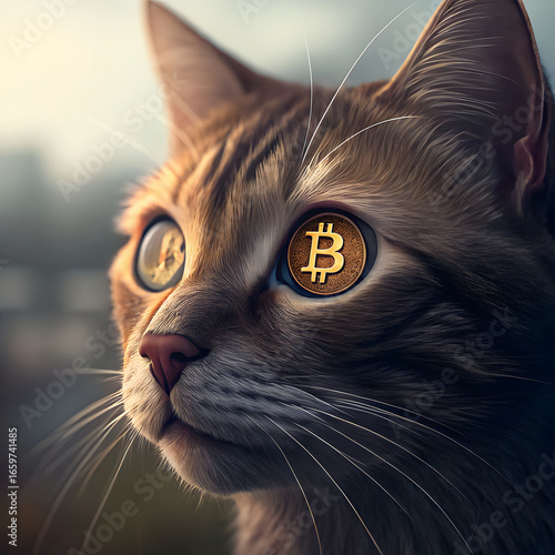 cat closeup, in whose eyes a symbol of bitcoin, electronic crypto currency