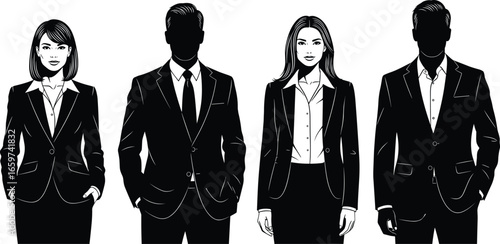 Silhouette and outline vector of diverse business professionals in formal attire, representing corporate team, leadership, equality, and workplace diversity.