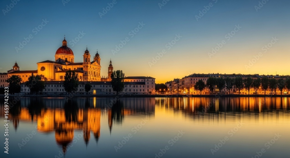 Fototapeta premium Illuminated cathedral reflecting in calm water at dusk, showcasing architectural beauty.