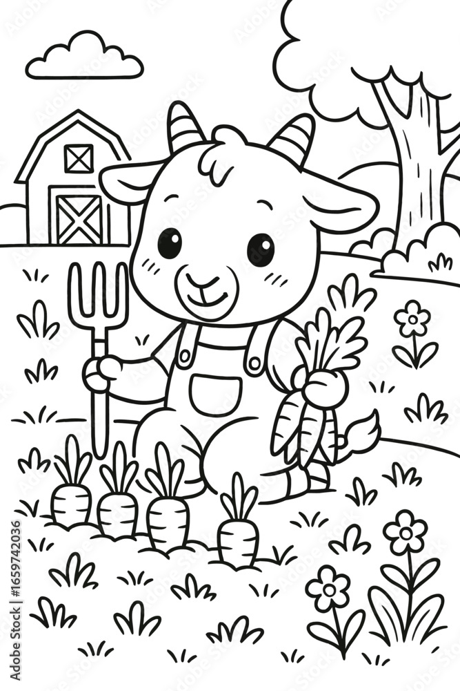 Fototapeta premium Adorable goat farmer in overalls with carrots and a pitchfork illustration