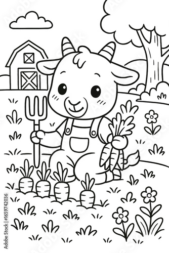 Adorable goat farmer in overalls with carrots and a pitchfork illustration