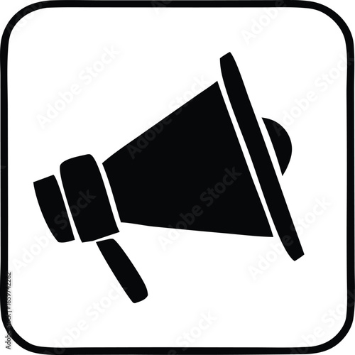 Bold black megaphone silhouette announcing important messages loudly and clearly in a simple icon design suitable for communication and promotion