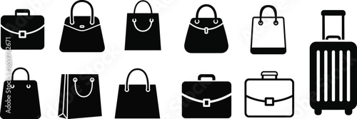 Bags and Luggage Icons Set – Handbag, Shopping Bag, Briefcase and Suitcase Vector
