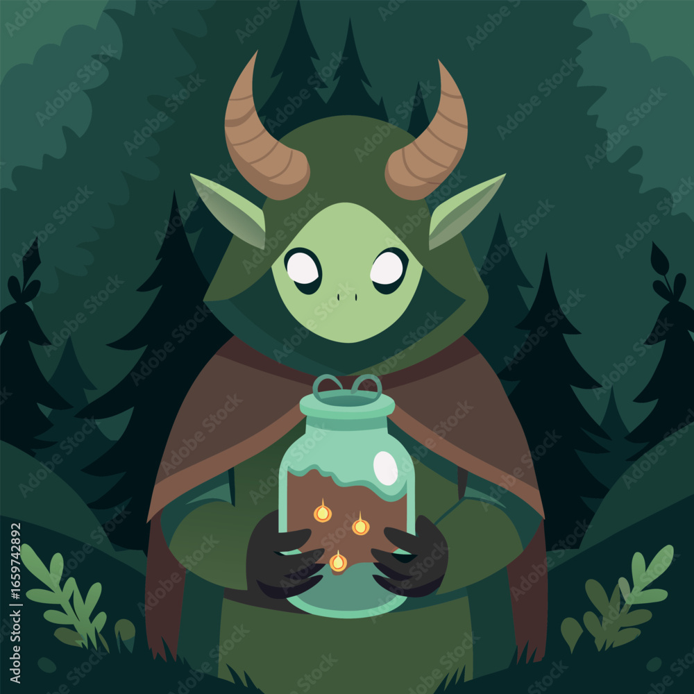 Obraz premium Vector illustration of a cute cartoon monster with a potion in a jar.