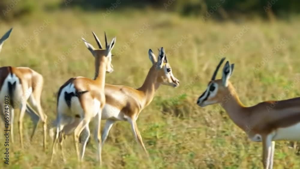 Group of antelopes interacting peacefully in African grassland, sunlight casting warm tones Group of antelopes interacting peacefully in African grassland, sunlight casting warm tones
