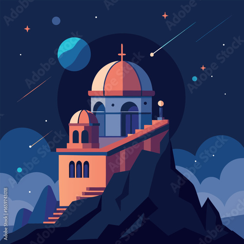 Astronomical observatory on the top of the mountain. Vector illustration.