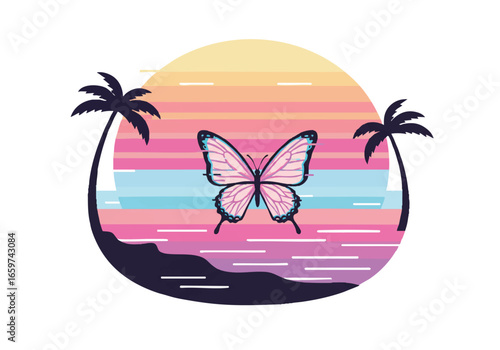 Tropical beach sunset with palm trees and a butterfly in a retro style illustration.