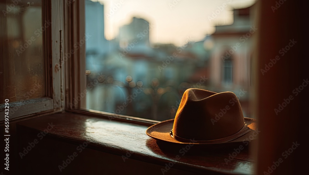 Obraz premium Vintage Fedora on Windowsill, Cityscape View
