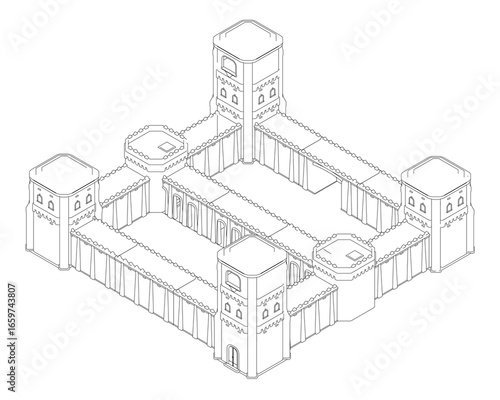 Modular fortress contour drawing with turrets, a free printable black and white coloring page for kids on a white background.