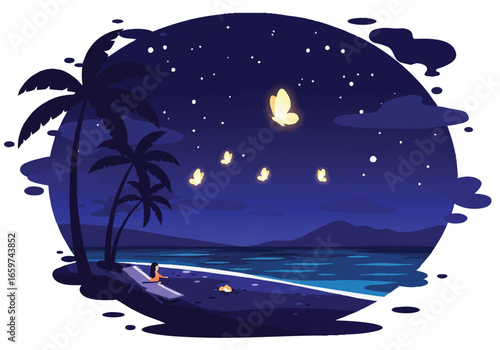 A tranquil night on a tropical beach with a person watching glowing butterflies under a starry sky.
