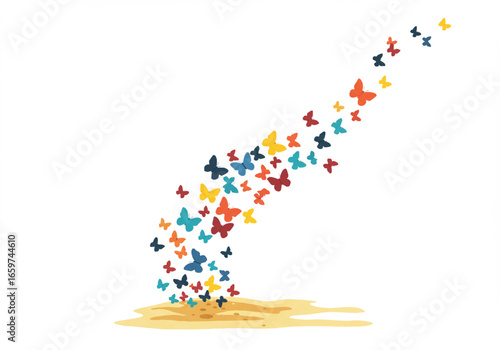 A vibrant swarm of multicolored butterflies taking flight in an upward arc from a dusty ground on a white background.
