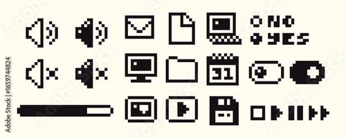A collection of retro pixelated user interface icons. Creative digital assets for web and app design with a nostalgic 90s aesthetic for your DIY digital projects