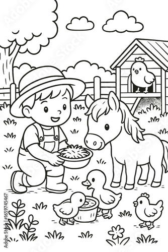Coloring page features child feeding farm animals in rural landscape vector