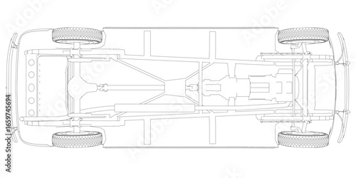 Detailed blueprint of a car chassis, a retro sport car contour illustration on a white background, bottom view