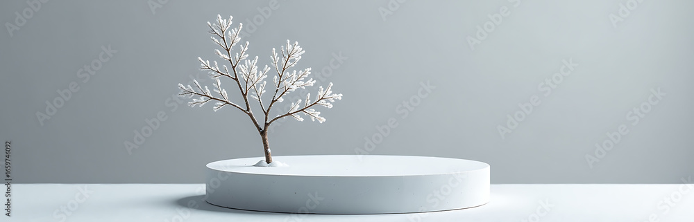 Obraz premium minimalist podium pale slate base single dried branch hoarfrost minimalist winter