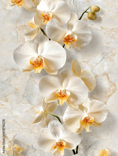 White Orchid Flowers Blooming Botanical Arrangement Vibrant Graceful Elegant Floral Decoration Natural Freshness Spring Serene Scenic Garden Texture Pure Ornament Background Traditional Style