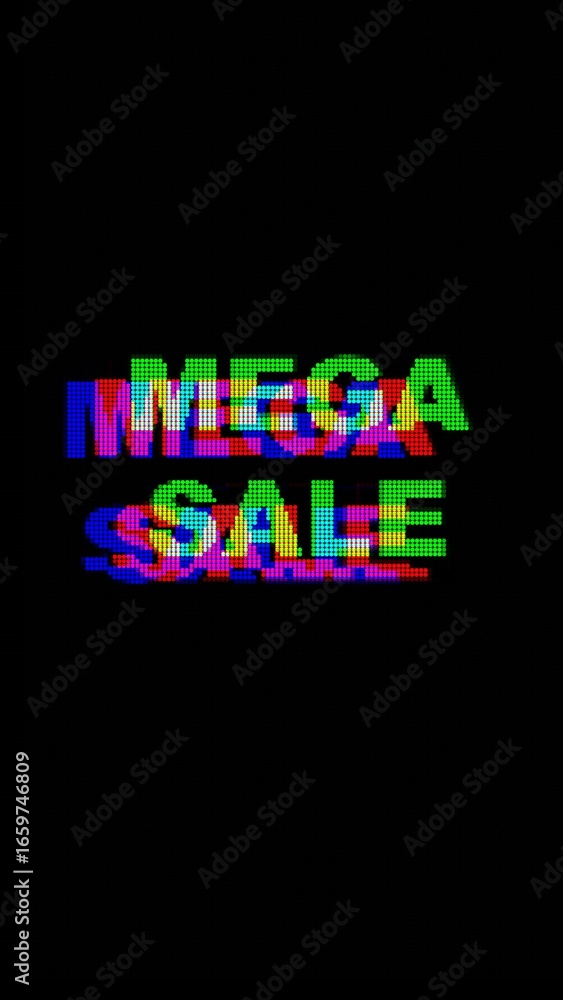 Obraz premium Glitch text design featuring 'Mega Sale' in neon red, green, blue on black. Modern Y2K style, distortion effect, futuristic vibe. Ideal for digital art, social media, banners, creative ads.