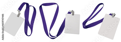 Plastic badge. ID card with purple ribbon. Template designed for employees and guests of company. Can be used for show, events, concerts and performances. Or for speakers and organizers.	
