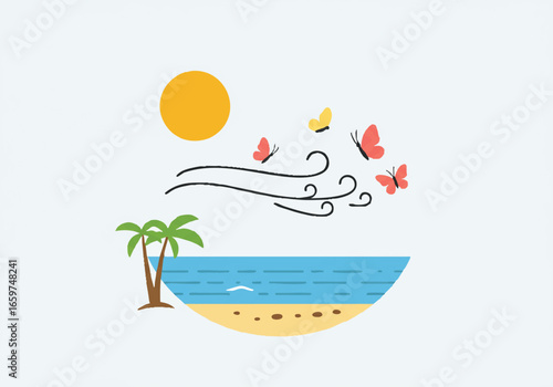 A minimalist illustration of colorful butterflies flying on the wind over a tropical beach with a palm tree and sun.