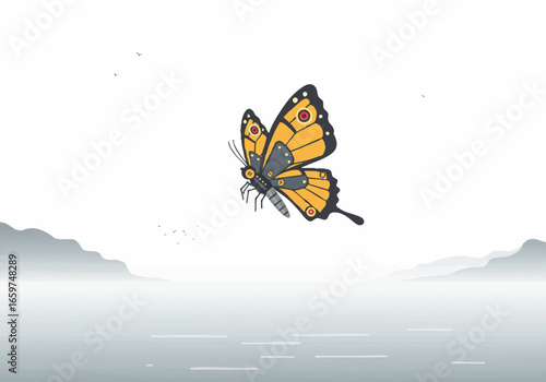 A mechanical steampunk butterfly with yellow and orange wings flies over a misty, serene water landscape.