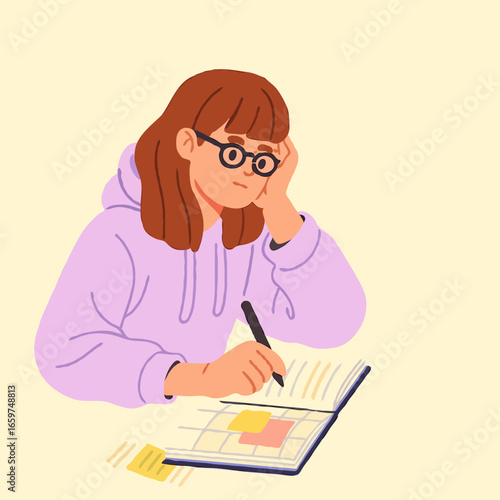 Young woman studying and taking notes in planner at home  