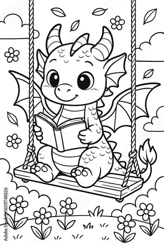 Cute dragon reading a book while sitting on a swing in a field of flowers
