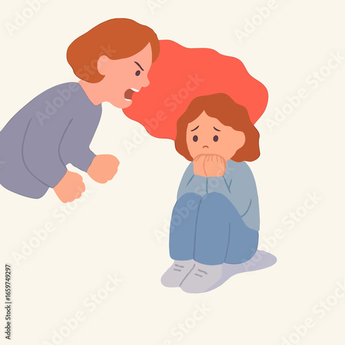 Angry woman yelling at scared girl sitting on the floor indoors  