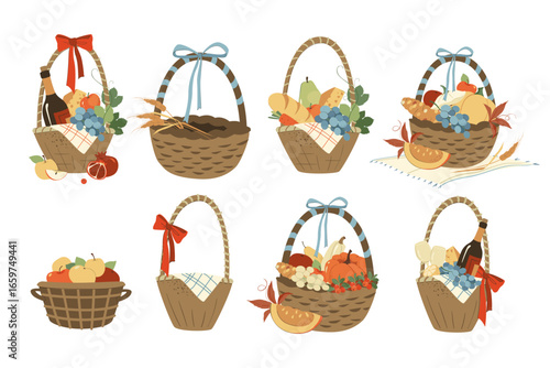 Gift Harvest Thanksgiving basket. Wicker baskets present Flat hamper with bow ribbon vector set. Illustration gift present with fruits food gifts