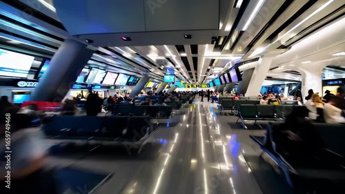 Busy airport terminal with travelers and flight information displays
