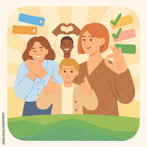 Family group showing positive gestures and symbols of support  