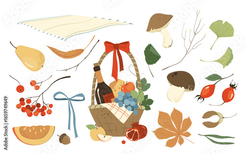 Gift Harvest Thanksgiving basket. Wicker baskets present Flat hamper with bow ribbon vector set. Illustration gift present with fruits food gifts
