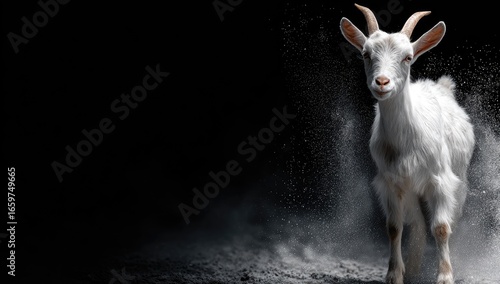 White goat in motion, dust particles, dark background