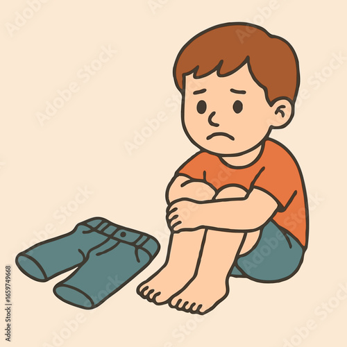 Young boy sitting sadly beside pants on light background  