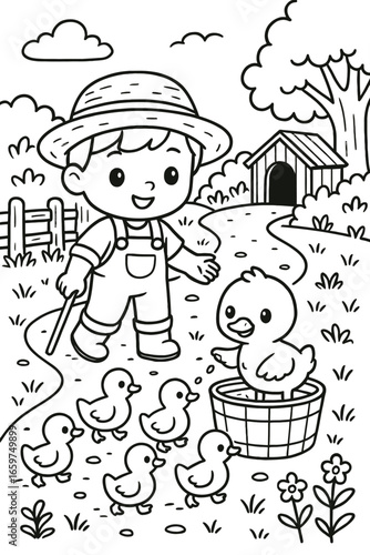 Cute farmer boy with straw hat feeding ducks in a basket illustration
