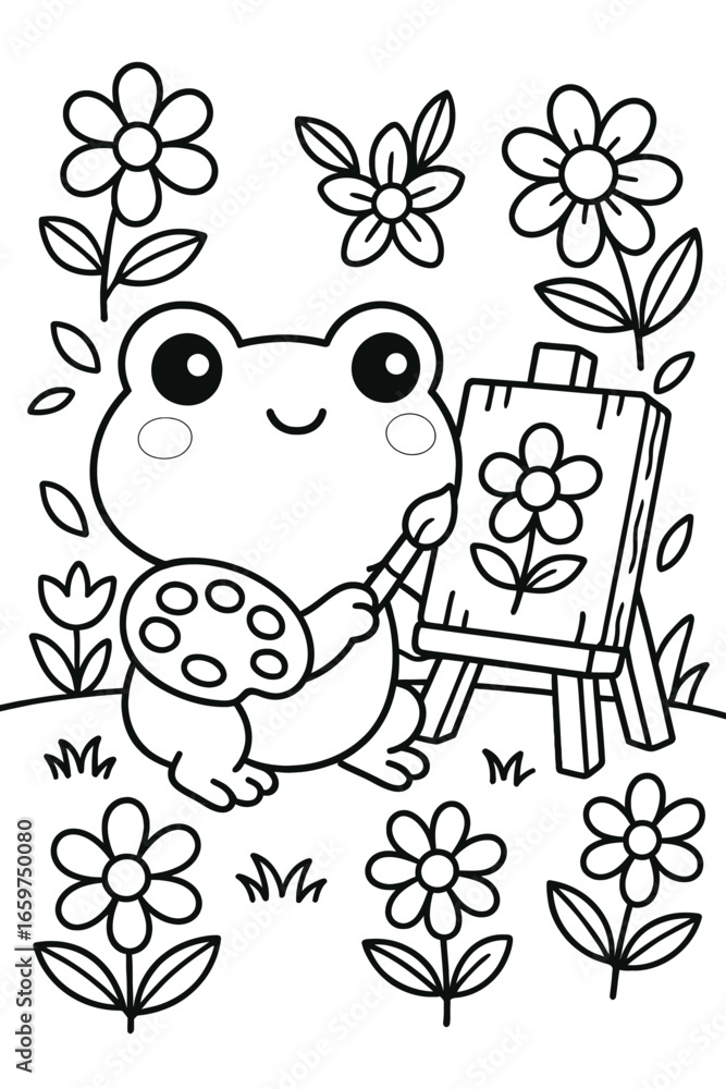 Fototapeta premium Cute frog artist painting flowers on canvas in garden coloring page style