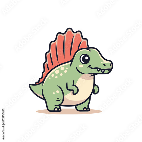 A cute baby Spinosaurus rex sticker design, chibi cartoon style, 2D flat vector icon illustration of an adorable little. Kawaii style, character art, isolated on white background