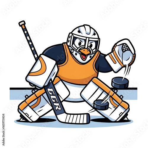 Cartoon Hockey Player Duck in Goalkeeper Equipment on Ice Rink
