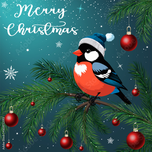 Bird on a spruce branch.Vector Christmas illustration with a bird in a knitted hat on a pine branch with red balls.
