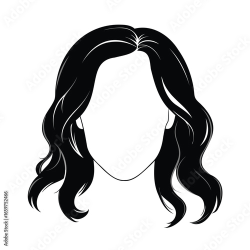 Stylized black wavy hair illustration with blank face