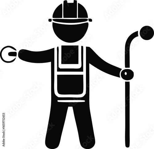 Construction worker icon signaling with tools safety hard hat vest and pole for building industry and workplace safety representation