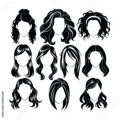 Collection of diverse black and white hairstyle illustrations