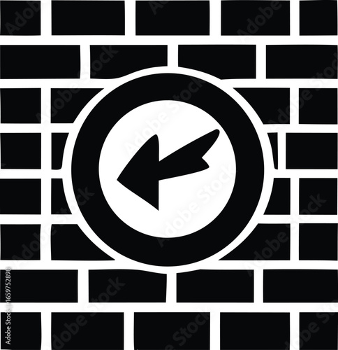 Striking graphic design featuring a bold left arrow symbol enclosed in a circle against a textured brick wall pattern