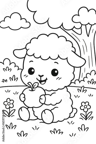 Cute lamb eating apple in a meadow under a tree coloring page vector art