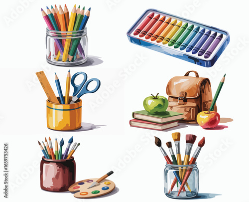 A vibrant vector set of colorful school supplies and accessories including a pencil, crayon, book, and apple on a desk