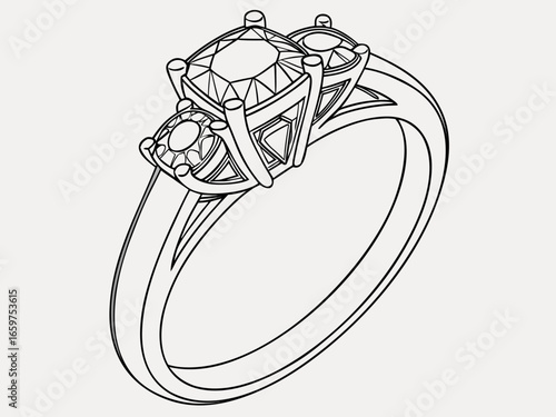 Elegant Three-Stone Diamond Ring Design Illustration .A detailed, technical line drawing of a three-stone diamond engagement ring.