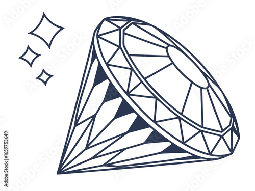 Elegant Three-Stone Diamond Ring Design Illustration .A detailed, technical line drawing of a three-stone diamond engagement ring.