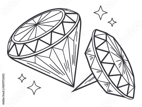 Elegant Three-Stone Diamond Ring Design Illustration .A detailed, technical line drawing of a three-stone diamond engagement ring.