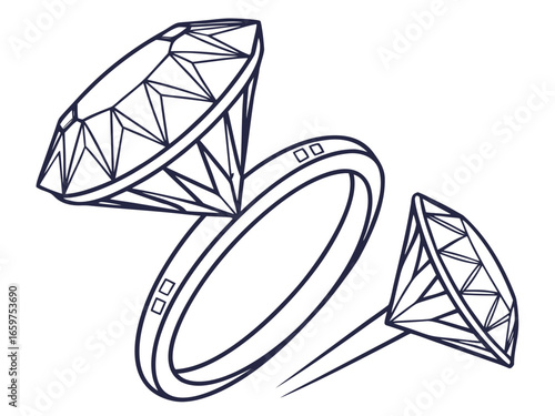 Elegant Three-Stone Diamond Ring Design Illustration .A detailed, technical line drawing of a three-stone diamond engagement ring.