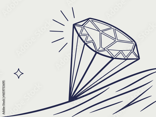 Elegant Three-Stone Diamond Ring Design Illustration .A detailed, technical line drawing of a three-stone diamond engagement ring.